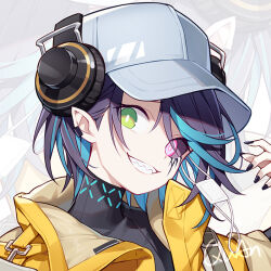 Rule 34 | 1girl, arknights, asbestos (arknights), baseball cap, black shirt, blue hair, chibi, chibi only, eyepatch, fingernails, green eyes, grin, hat, headphones, heterochromia, jacket, looking at viewer, multicolored hair, pointy ears, portrait, purple eyes, purple hair, quan (kurisu tina), sharp fingernails, sharp teeth, shirt, short hair, smile, solo, teeth, turtleneck, two-tone hair, yellow jacket, zoom layer