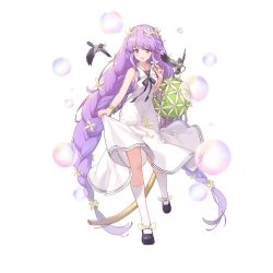Rule 34 | 1girl, absurdres, bird, braid, dress, flower, grey eyes, hair flower, hair ornament, hand up, highres, holding, holding flower, illusion connect, jasmine (illusion connect), long hair, mary janes, official art, open mouth, purple hair, shoes, simple background, smile, socks, solo, standing, standing on one leg, third-party source, transparent background, twin braids, very long hair, white dress