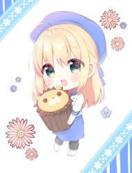 Rule 34 | 1girl, :d, ahoge, aizawa85, apron, artoria pendragon (all), artoria pendragon (fate), beret, black pants, blonde hair, blue apron, blue flower, blue hat, blush, chibi, collared shirt, cupcake, fate/stay night, fate (series), flower, food, green eyes, hair between eyes, hat, highres, holding, holding food, long hair, looking at viewer, no shoes, official alternate costume, open mouth, pants, pink flower, saber (fate), shirt, smile, socks, solo, white shirt, white socks