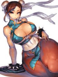 Rule 34 | 1girl, bare shoulders, bikini, blue bikini, brown hair, capcom, chun-li, covered erect nipples, curvy, double bun, fumio (rsqkr), hair bun, highres, looking at viewer, pantyhose, parted lips, short hair, solo, spiked gauntlets, street fighter, swimsuit, thick thighs, thighs