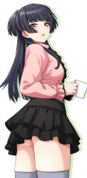 Rule 34 | 1girl, ass, black hair, black skirt, cup, fingernails, grey thighhighs, highres, holding, holding cup, idolmaster, idolmaster shiny colors, kobamiso (kobalt), long hair, long sleeves, looking at viewer, looking to the side, mayuzumi fuyuko, nail polish, panties, panty peek, pink shirt, shirt, simple background, skindentation, skirt, solo, thighhighs, two side up, underbutt, underwear, very long hair, white background
