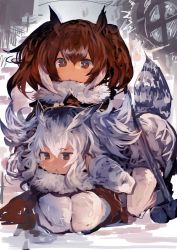 Rule 34 | 10s, 2girls, :&lt;, absurdres, bird tail, brown eyes, brown hair, brown jacket, commentary, covering own ears, eurasian eagle owl (kemono friends), expressionless, fur trim, grey hair, hair between eyes, hair wings, highres, jacket, kaamin (mariarose753), kemono friends, lap pillow, looking at viewer, multicolored hair, multiple girls, northern white-faced owl (kemono friends), pantyhose, seiza, sitting, tail, tears, white hair, white jacket, white legwear, window