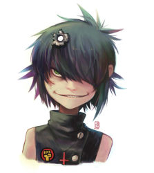 Rule 34 | 1girl, a-ka, bad id, bad pixiv id, badge, blood, bullet hole, buttons, cross, cross necklace, cuts, cyborg noodle (gorillaz), gorillaz, green eyes, grin, hair over one eye, injury, jewelry, necklace, shirt, short hair, sleeveless, sleeveless shirt, smile, solo, teeth
