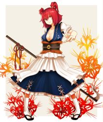Rule 34 | 1girl, bad id, bad pixiv id, breasts, cleavage, clog sandals, collarbone, female focus, floral background, flower, hair bobbles, hair ornament, japanese clothes, medium breasts, nosuku, onozuka komachi, red eyes, red hair, sandals, scythe, short hair, smile, smirk, socks, solo, spider lily, tabi, touhou, twintails, two side up, white socks, zouri