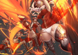 Rule 34 | 10s, 1girl, absurdres, aliza (granblue fantasy), breasts, fire, full body, granblue fantasy, headpiece, highres, horns, jojaow, kicking, large breasts, long hair, multiple views, pointy ears, ponytail, red eyes, short shorts, shorts, silver hair, stance, thighhighs, very long hair, white shorts