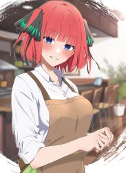 1girl :d apron black_ribbon blue_eyes blunt_bangs blurry blurry_background blush brown_apron butterfly_hair_ornament cafe collared_shirt commentary_request eyelashes eyes_visible_through_hair go-toubun_no_hanayome grin hair_ornament hair_ribbon hands_up happy highres indoors kakato_0 lens_flare long_sleeves looking_at_viewer nakano_nino open_mouth red_hair ribbon school_uniform shirt short_hair sleeves_rolled_up smile solo tsurime two_side_up upper_body waitress white_shirt