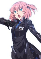 Rule 34 | 1girl, black gloves, blue eyes, closers, gloves, highres, open mouth, pink hair, seulbi lee, short hair, simple background, solo, supernew, white background