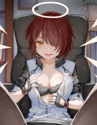 Rule 34 | 1girl, :d, absurdres, angel, arknights, arno (ft3014), black bra, black gloves, bra, breasts, cleavage, exusiai (arknights), eyelashes, fingerless gloves, gloves, hair over one eye, halo, hands up, highres, indoors, jacket, lace, lace-trimmed bra, lace trim, legs up, looking at viewer, medium breasts, open mouth, orange eyes, partially unzipped, red hair, short hair, sitting, smile, solo, spread legs, thighs, underwear, undressing, white jacket, wings