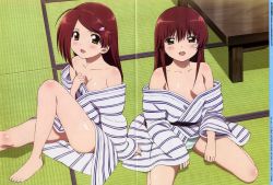 Rule 34 | 2girls, :d, absurdres, bandaid, bandaid on face, bare shoulders, barefoot, blush, body blush, breasts, brown hair, cleavage, crease, feet, green panties, hair ornament, hairclip, highres, huge filesize, japanese clothes, kissxsis, legs, long hair, medium breasts, multiple girls, no bra, off shoulder, official art, on floor, open mouth, panties, red hair, robe, scan, seiza, shitaya tomoyuki, siblings, sisters, sitting, smile, spread legs, striped clothes, striped panties, suminoe ako, suminoe riko, table, tatami, toes, twins, underwear, yellow eyes