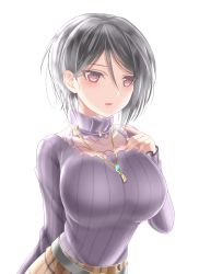 Rule 34 | 10s, 1girl, arm behind back, asymmetrical hair, bang dream!, belt, black hair, black shirt, blush, breasts, brown skirt, collarbone, commentary request, frilled shirt collar, frilled sleeves, frills, green belt, hair between eyes, hand on own chest, highres, jewelry, large breasts, long sleeves, looking to the side, necklace, parted lips, pink eyes, plaid, plaid skirt, see-through, shirt, shirt tucked in, short hair, simple background, single sidelock, skirt, solo, standing, striped clothes, striped shirt, totoshion, upper body, vertical-striped clothes, vertical-striped shirt, white background, yashio rui
