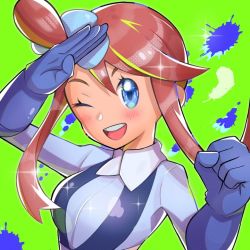 Rule 34 | 1girl, blue eyes, blue gloves, blush, clenched hand, creatures (company), crop top, feathers, game freak, gloves, green background, inana umi, looking at viewer, nintendo, one eye closed, open mouth, paint splatter, pokemon, pokemon bw, red hair, salute, skyla (pokemon), smile, solo, teeth, upper body, upper teeth only