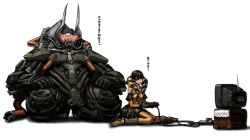 Rule 34 | 1boy, 1girl, ai rin, big bull, black hair, cyborg, elbow gloves, eyepatch, horns, max anarchy, television, thigh boots, translation request, twintails