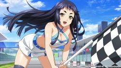 Rule 34 | 1girl, 2020, ashiya douman (ikkitousen), ass, bare shoulders, blue sky, breasts, cleavage, copyright name, curvy, floating hair, happy, highres, ikkitousen, long hair, looking at viewer, navel, official art, race queen, road, shiny clothes, shiny skin, shorts, skirt, sky, very long hair, wide hips, yellow eyes
