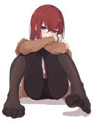 Rule 34 | 1girl, arms on knees, black pantyhose, black shorts, blue eyes, blush, breasts, brown jacket, commentary request, crossed arms, embarrassed, foreshortening, full body, hair between eyes, highres, jacket, kahlua (artist), knees together feet apart, knees up, legs, pantyhose under shorts, long hair, long sleeves, looking at viewer, makise kurisu, necktie, no shoes, pantyhose, red hair, red necktie, shadow, shirt, shorts, sidelocks, simple background, sitting, solo, spread toes, steins;gate, sweatdrop, thighs, toes, white background, white shirt