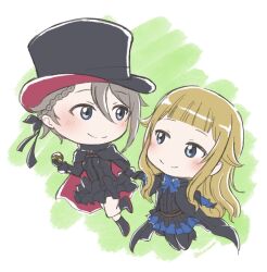 Rule 34 | 2girls, ange (princess principal), black cape, black dress, black footwear, blonde hair, blue bow, blue dress, blue eyes, blush, boots, bow, brown hair, cape, cavorite ball, chibi, dress, floating, highres, holding hands, looking at another, multiple girls, princess (princess principal), princess principal, purple cape, signature, smile, xin (blueramen)