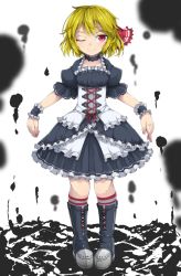 Rule 34 | 1girl, alternate costume, black dress, black footwear, blonde hair, boots, choker, collarbone, corset, darkness, dress, frilled dress, frills, full body, hair ribbon, highres, looking at viewer, maid, one eye closed, puffy short sleeves, puffy sleeves, red eyes, red ribbon, ribbon, rumia, short hair, short sleeves, simple background, smile, solo, standing, touhou, uumaru1869, wrist cuffs