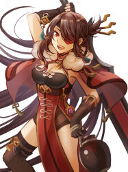 Rule 34 | 1girl, absurdres, ankoro, arm up, beidou (genshin impact), black gloves, breasts, brown hair, cleavage, commentary request, dress, eyepatch, fingerless gloves, genshin impact, gloves, highres, holding, holding sword, holding weapon, large breasts, pelvic curtain, red dress, red eyes, solo, standing, sword, thighs, weapon