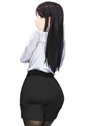Rule 34 | 1girl, anti (0324), ass, ass focus, black hair, black pantyhose, black skirt, business suit, copyright request, formal, from behind, grey background, holding, long hair, looking at viewer, looking back, medium skirt, mole, mole under eye, hugging object, office lady, pantyhose, pencil skirt, pink eyes, profile, shirt, simple background, skirt, skirt suit, solo, suit, tight skirt, white background, white shirt