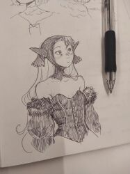 Rule 34 | 1girl, absurdres, art tools in frame, ballpoint pen (medium), carvifox, collarbone, commentary, detached sleeves, dress, dungeon meshi, ear covers, elf, english commentary, fur-trimmed sleeves, fur trim, highres, long hair, marcille donato, marcille donato (lord), monochrome, pointy ears, sketch, sleeveless, sleeveless dress, traditional media