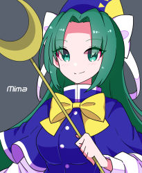 Rule 34 | 1girl, blue capelet, blue hat, blush, bow, bowtie, breasts, buttons, capelet, character name, closed mouth, crescent, eyelashes, eyes visible through hair, green eyes, green hair, grey background, hat, hat bow, hat ribbon, holding, holding staff, kumeri0804, long hair, mandarin collar, medium breasts, mima (touhou), parted bangs, ribbon, smile, staff, sun print, touhou, touhou (pc-98), upper body, very long hair, white bow, white ribbon, white sleeves, wizard hat, yellow bow, yellow bowtie