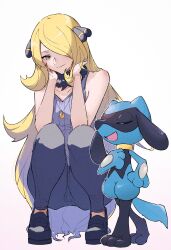 Rule 34 | 1girl, anidf, animal ears, blonde hair, breasts, closed eyes, creatures (company), cynthia (pokemon), dog, dog ears, dog tail, furry, game freak, gen 4 pokemon, grey eyes, hair ornament, hair over one eye, highres, jewelry, long hair, necklace, nintendo, open mouth, pants, pokemon, pokemon (creature), pokemon dppt, pokemon platinum, riolu, sleeveless, smile, standing, tail, very long hair