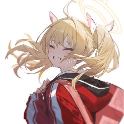 Rule 34 | 1girl, = =, ahoge, blonde hair, blue archive, closed eyes, commentary, facing viewer, floating hair, from side, grin, hair intakes, hair ribbon, halo, han-0v0, hands up, highres, jacket, long hair, long sleeves, looking back, red jacket, ribbon, simple background, smile, solo, teeth, track jacket, twintails, upper body, white background, yoshimi (blue archive)