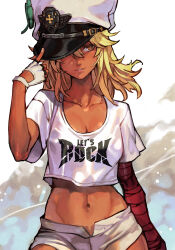 Rule 34 | 1girl, alternate costume, bandaged arm, bandages, blonde hair, breasts, cleavage, cowboy shot, crop top, dark-skinned female, dark skin, fingerless gloves, gloves, guilty gear, guilty gear strive, guilty gear strive x tower records, hat, hat over one eye, hungry clicker, looking to the side, medium breasts, medium hair, navel, official alternate costume, parted lips, ramlethal valentine, smirk, solo, tower records, yellow eyes