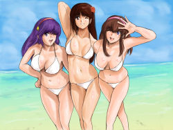 Rule 34 | 3girls, asamiya athena, beach, bikini, blue eyes, breasts, brown eyes, brown hair, cleavage, crossover, day, dead or alive, hairband, hitomi (doa), large breasts, lei fang, long hair, multiple girls, one eye closed, open mouth, purple eyes, purple hair, red hairband, shiny skin, shu-z, smile, snk, swimsuit, tecmo, the king of fighters, wink