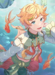 1boy ahoge blonde_hair blue_eyes commentary earrings ensemble_stars! fish frilled_sleeves frills green_hair harukawa_sora highres jewelry long_sleeves male_focus midriff multicolored_hair navel open_mouth smile streaked_hair symbol-only_commentary wldms5172