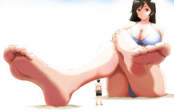 Rule 34 | 1boy, 1girl, barefoot, bikini, black hair, breasts, brown eyes, cleavage, crossed legs, feet, giant, giantess, large breasts, long hair, mini person, miniboy, original, panah, sand, simple background, sitting, size difference, smile, soles, swimsuit, toes, white background, white bikini