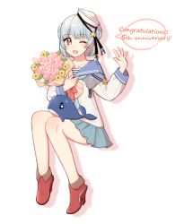 Rule 34 | 1girl, ;d, animal, anniversary, blue hair, blue neckerchief, blue sailor collar, blue skirt, blush, bouquet, collarbone, dixie cup hat, double bun, eyebrows, fang, flower, full body, hair bun, hand up, hat, high heels, highres, holding, holding bouquet, kantai collection, lan jiang, leaf, medal, military hat, miniskirt, neckerchief, one eye closed, open mouth, palms, pink flower, pink rose, pleated skirt, red footwear, roman numeral, rose, sailor collar, samuel b. roberts (kancolle), scar, school uniform, serafuku, shirt, shoes, short hair, silhouette, simple background, skirt, sleeve cuffs, smile, solo, speech bubble, star (symbol), striped, whale, white background, white hat, white shirt, yellow eyes, yellow flower