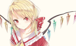 Rule 34 | 1girl, alternate costume, alternate hairstyle, ascot, blonde hair, collarbone, crystal, flandre scarlet, hair ribbon, kojiki-life, looking at viewer, red eyes, red ribbon, ribbon, school uniform, simple background, solo, touhou, upper body, white background, wings