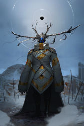 Rule 34 | antlers, blue eyes, clothed robot, commentary, eclipse, english commentary, esuthio, extra eyes, glowing, glowing eyes, highres, horns, humanoid robot, jacket, looking down, mountain, original, robot, science fiction, sky, sleeves past wrists, solo, white jacket