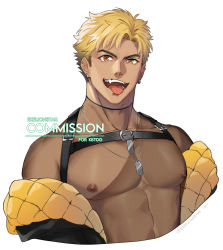 Rule 34 | 1boy, bara, blonde hair, commentary, dog tags, exelionstar, gradient hair, highres, jewelry, male focus, mature male, multicolored hair, muscular, muscular male, necklace, open mouth, original, smile, solo, tongue, tongue out, two-tone hair, yellow eyes