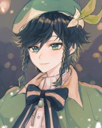 Rule 34 | 1boy, androgynous, beret, black hair, bow, braid, brooch, cape, closed mouth, collared cape, collared shirt, emkeemke, flower, gem, genshin impact, green eyes, green hat, hair flower, hair ornament, hat, jewelry, leaf, male focus, shirt, short hair with long locks, simple background, smile, solo, twin braids, venti (genshin impact), white flower, white shirt