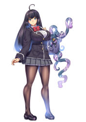 Rule 34 | 1girl, :o, ahoge, bag, black hair, black jacket, blue eyes, bow, bowtie, breasts, brown pantyhose, collared shirt, commentary request, eldritch abomination, full body, grey skirt, highres, jacket, large breasts, legs apart, long hair, long sleeves, looking at viewer, original, pantyhose, parted lips, pigeon-toed, pleated skirt, red bow, red bowtie, school bag, school uniform, shirt, shoulder bag, simple background, skirt, solo, standing, tentacles, white background, white shirt, wing collar, yui sora