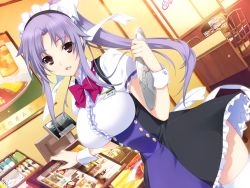 Rule 34 | 1girl, bow, bowtie, breasts, brown eyes, chair, food, game cg, hair ornament, hip focus, iizuki tasuku, large breasts, long hair, looking at viewer, lovely x cation 2, maid headdress, menu, narukawa hime, open mouth, ponytail, purple hair, restaurant, skirt, smile, solo, standing, tongue, waitress, wrist cuffs