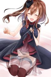 Rule 34 | 10s, 1girl, :d, ^ ^, anchor, black dress, black shirt, blouse, blush, breast pocket, breasts, brown hair, closed eyes, clothes lift, cowboy shot, dress, dress lift, full body, funnel, kantai collection, kneeling, lifting own clothes, long hair, medium breasts, neckerchief, open mouth, petticoat, pocket, ponytail, red neckerchief, red thighhighs, saratoga (kancolle), saratoga mk ii (kancolle), shirt, short sleeves, side ponytail, simple background, skirt, skirt lift, smile, smokestack, solo, thighhighs, white background, yuna (yukiyuna)