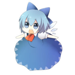 Rule 34 | 1girl, bad id, bad pixiv id, blouse, blue eyes, blue hair, chibi, cirno, dress, embodiment of scarlet devil, female focus, full body, hair between eyes, lowres, matching hair/eyes, open mouth, pinafore dress, redvvvred, shirt, simple background, sleeveless, sleeveless dress, solo, touhou, white background, white shirt, wings