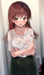 Rule 34 | 1girl, blurry, breasts, brown eyes, brown hair, commentary request, cowboy shot, depth of field, green skirt, kantai collection, large breasts, long hair, looking at viewer, nanahamu, official alternate costume, ooi (kancolle), see-through, shirt, skirt, solo, wet, wet clothes, white shirt