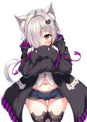 Rule 34 | 1girl, absurdres, animal ear legwear, animal ears, animal hat, black hat, black jacket, black thighhighs, blue shorts, blush, cat ear legwear, cat ears, cat girl, cat hair ornament, cat hat, cat tail, commentary request, cowboy shot, dress shirt, groin, hair ornament, hair over one eye, hasumi (hasubatake39), hat, highres, hugging object, jacket, kuon (hasumi (hasubatake39)), long hair, long sleeves, looking at viewer, navel, open clothes, open jacket, original, red eyes, revision, shirt, short shorts, shorts, silver hair, sleeves past wrists, solo, tail, thigh gap, thighhighs, very long hair, white background, white shirt