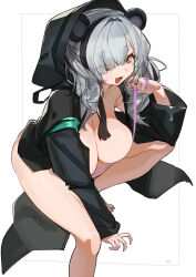 Rule 34 | 1girl, :d, animal ears, arknights, breasts, eyes visible through hair, fang, feater (arknights), grey hair, highres, holding, holding swim ring, hood, hooded jacket, innertube, jacket, large breasts, long sleeves, naked jacket, open mouth, orange eyes, panda ears, purple ribbon, razu (rus), ribbon, simple background, skin fang, smile, solo, swim ring, thick eyebrows, white background