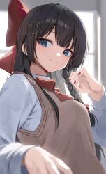 Rule 34 | 1girl, absurdres, blue eyes, bow, braid, brown sweater vest, hair bow, hair ornament, heart, heart hair ornament, highres, huhi (huhi 1211), long hair, red bow, red nails, shirayuki hina, shirt, side braid, solo, stellive, sweater vest, virtual youtuber, white shirt
