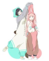 Rule 34 | 2girls, black hair, cosplay, crossed arms, full body, kigurumi, leg up, long hair, looking at another, multiple girls, pink hair, pulling, short hair, simple background, tone rion, tone rion (vocaloid4), twintails, very long hair, vocaloid, white background, yumemi nemu