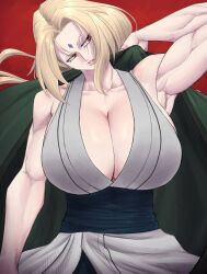 1girl absurdres bare_shoulders blonde_hair blue_sash breasts brown_hair cleavage cropped_legs facial_mark forehead_mark grey_kimono highres huge_breasts japanese_clothes kimono limn044 long_hair looking_to_the_side muscular muscular_arms muscular_female naruto_(series) sash solo tsunade_(naruto)