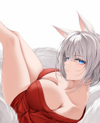 Rule 34 | 1girl, animal ear fluff, animal ears, azur lane, bare legs, bare shoulders, blue eyes, breasts, cleavage, closed mouth, commentary request, eyelashes, eyeshadow, fox ears, fox girl, fox tail, highres, kaga (azur lane), large breasts, looking at viewer, makeup, off shoulder, red sweater, short hair, silver hair, simple background, solo, sweater, tail, white background, xi ying
