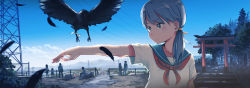 Rule 34 | 1girl, arm at side, bird, blue eyes, blue hair, blue sky, cloud, commentary request, crow, day, eyebrows, feathers, highres, inami hatoko, matching hair/eyes, nature, original, outdoors, outstretched arm, power lines, scenery, school uniform, serafuku, sky, solo, solo focus, torii, transmission tower, tree