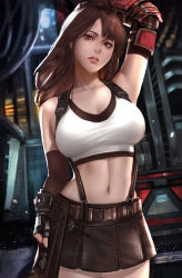 Rule 34 | 1girl, absurdres, arm guards, arm up, armpits, asymmetrical bangs, belt, black gloves, breasts, brown hair, brown skirt, cleavage, collarbone, cowboy shot, crop top, elbow gloves, final fantasy, final fantasy vii, fingerless gloves, gloves, hand on own head, head tilt, highres, large breasts, long hair, looking at viewer, machinery, miniskirt, navel, parted lips, red eyes, red lips, sherylnome, skirt, sleeveless, solo, stomach, suspender skirt, suspenders, tifa lockhart