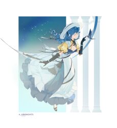 Rule 34 | 1girl, absurdres, arknights, astesia (arknights), bird, black gloves, blue dress, blue hair, breasts, character name, cleavage, closed eyes, copyright name, dress, elbow gloves, frills, full body, gloves, highres, layered dress, liliyfox, long hair, sky, solo, sparkle, star (sky), starry sky, white dress