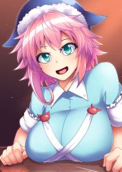 Rule 34 | 1girl, :d, aqua eyes, ashiroku (miracle hinacle), blue headwear, blue shirt, breasts, brown background, commentary request, gradient background, highres, large breasts, looking at viewer, okunoda miyoi, open mouth, pink hair, shirt, short hair, short sleeves, smile, solo, touhou, upper body, whale hat